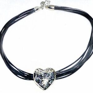 MULTI STRAND BLACK  LEATHER SILVER HEART NECKLACE